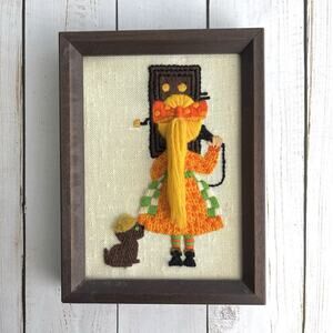 Vintage Framed Needlepoint Girl on Antique Phone Dog Puppy Orange Yellow 1974 8"